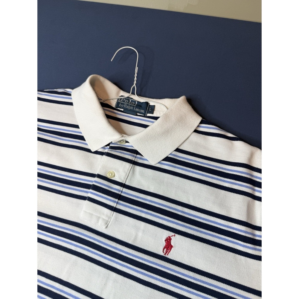 Vintage Polo Ralph Lauren Mens Large White Blue Striped Polo Shirt Red Pony - Picture 2 of 5